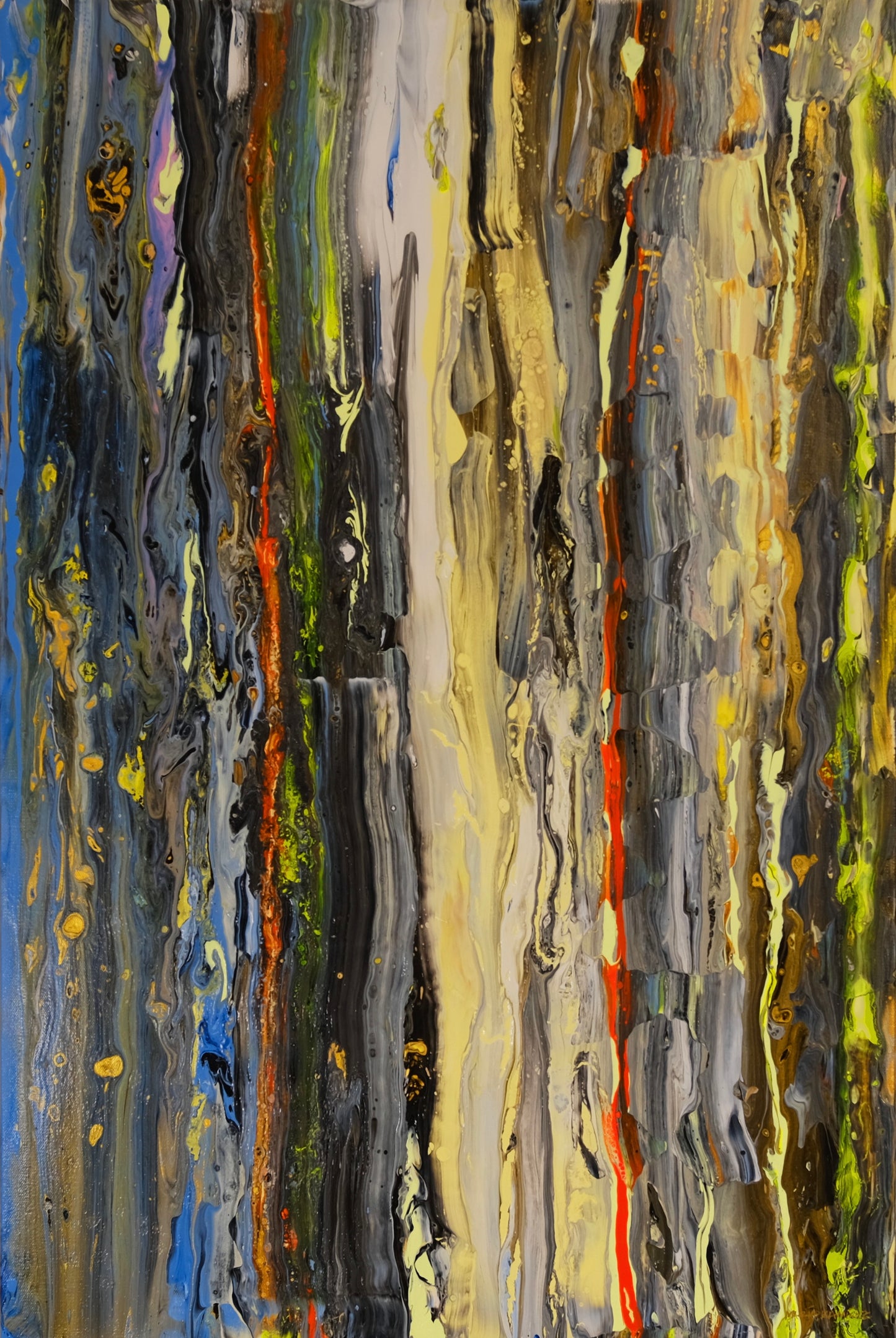 "Blue Bark" 2023.  Mar de Armstrong Original. Acrylic on Canvas, tree-like textured painting with blue, gold, black, Lilac, green, brown, yellow cream hues. 24 Inch x 30 Inch x 1.5 Inch